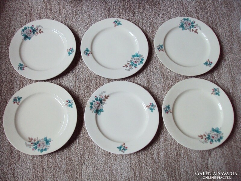 Old ceramic flat cake plate with flower pattern, 6 pieces, made in Romania