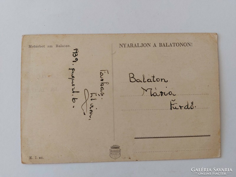 Régi képeslap 1939 Balaton fotó levelezőlap motorcsónak