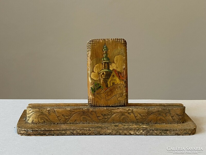Sopron street scene painted antique wooden table photo stand
