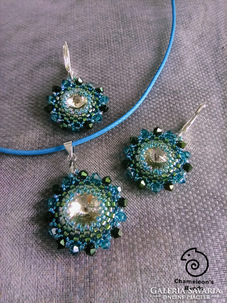 "Sky Blue and Green Mandala Beading Set" Swarovski kristállyal készült gyöngyfűzött ékszer szett