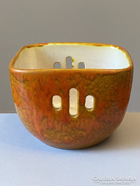 Square orange retro ceramic pot with an unusual openwork pattern