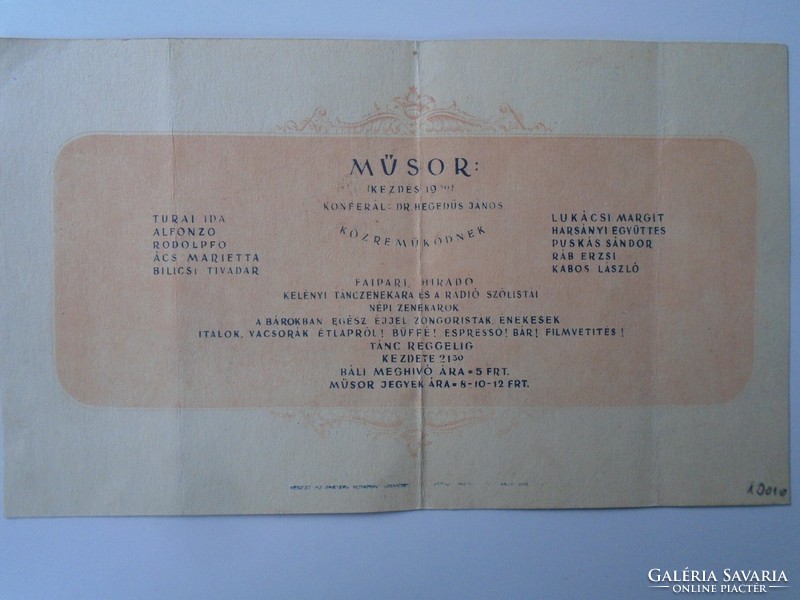 ZA447.23   Meghívó  a Faipari Műszaki Intézőbizottság  Fás Báljára - 1955 Turai Ida Alfonzo Rodolfo