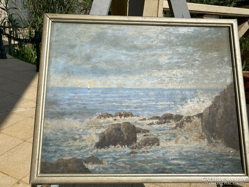 Old oil cardboard rocky beach painting