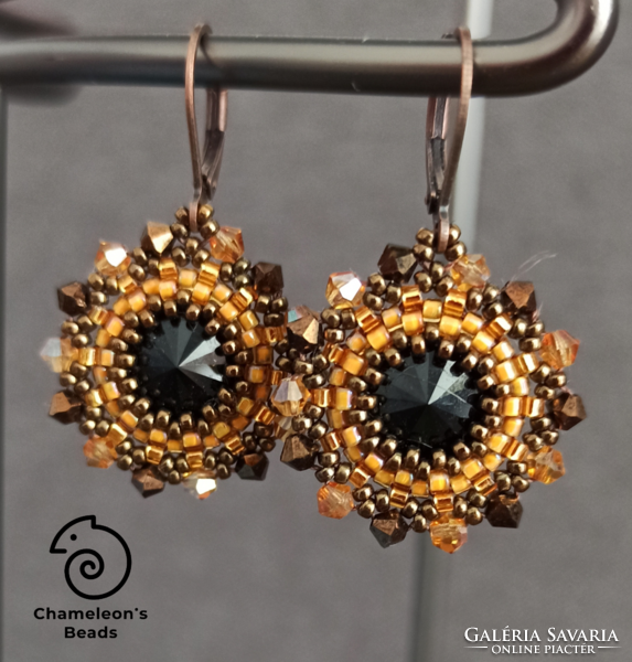 "Fallen Sunflower Beading Earrings" Swarovski kristályos barna színvilágú gyöngyfűzött fülbevaló