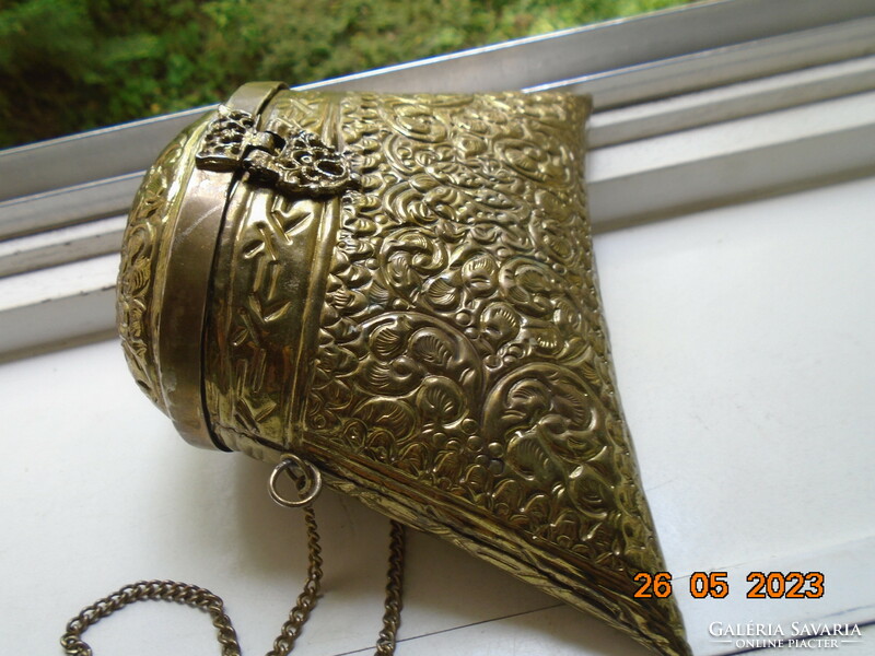 Eastern gilded copper lidded talisman with embossed and punched relief patterns, with a chain