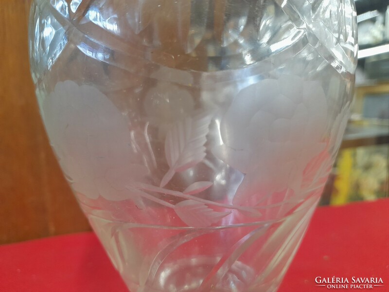 Old biedermeier carved rose glass crystal vase. 20 Cm.