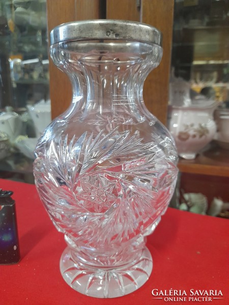 Old Austrian Diana silver-edged, rim-engraved, polished crystal vase. 22 Cm.