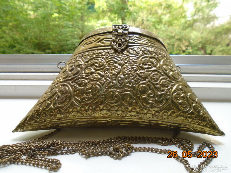 Eastern gilded copper lidded talisman with embossed and punched relief patterns, with a chain