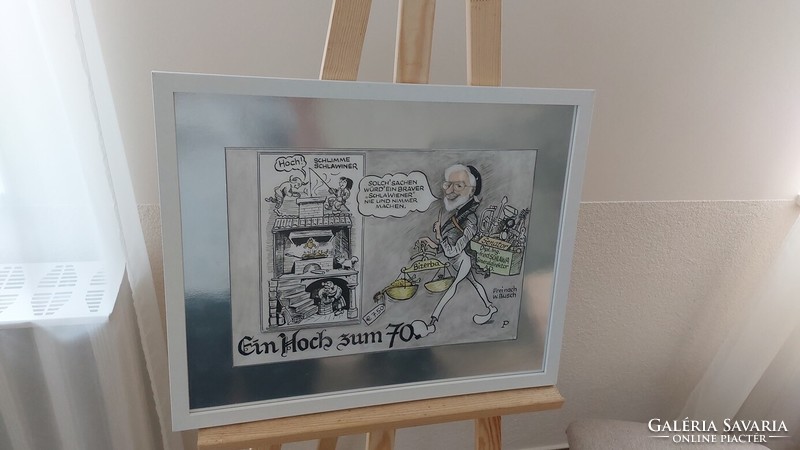 (K) Humoros grafika, festmény 53x43 cm kerettel 70. születésnap, vegyes technika