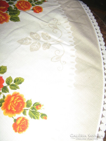 Beautiful vintage-style round tablecloth with floral edges