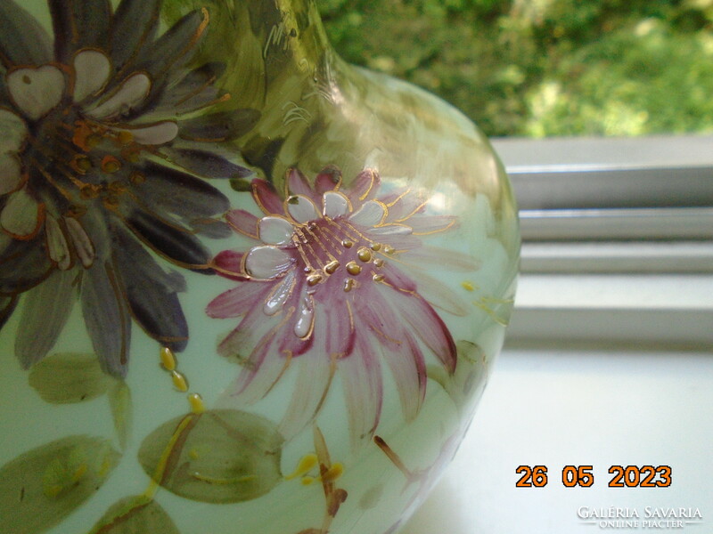 Napoleon Iii Jade Opal Glass Vase Hand Painted Gold Enamel With Flower Patterns And Landscape, Hand Marked