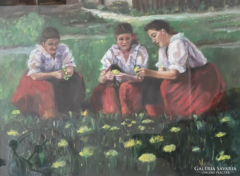 Virágszedő lányok - olaj, karton