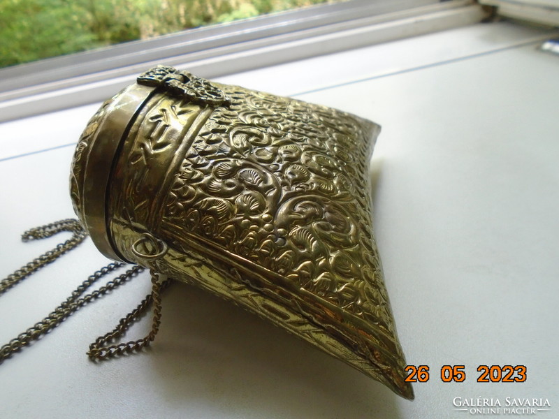 Eastern gilded copper lidded talisman with embossed and punched relief patterns, with a chain