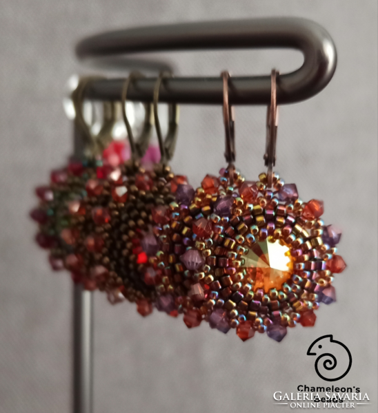 "Fallen Sunflower Beading Earrings" Swarovski kristályos barna színvilágú gyöngyfűzött fülbevaló