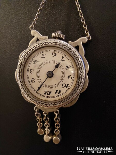 Silver enamelled pendant watch with silver necklace, zirconia stones, freshly serviced with new movement