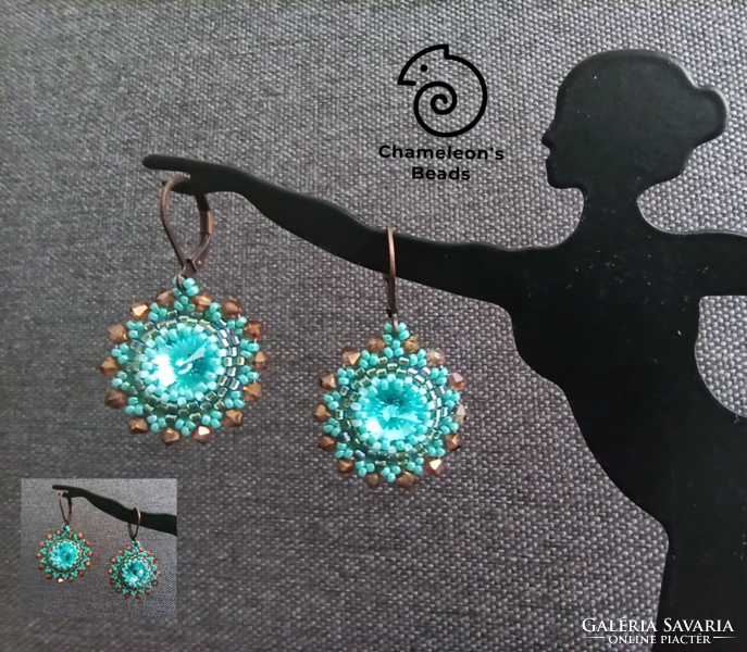 "Turquise Mandala Beading Earrings" Swarovski kristályos türkiz-bronz mandala gyöngyfűzött fülbevaló