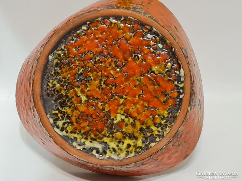 Hódmezővásárhelyi, ikebana, barna, narancssárga mázas kerámia virágtartó (2635)