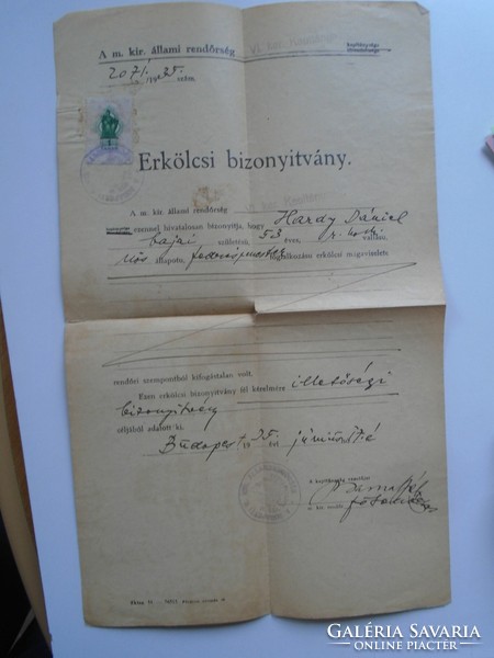 Za447.26 Hardy dániel baja - moral certificate -m. Out. State Police vi.Ker 1935 Budapest