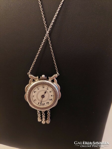 Silver enamelled pendant watch with silver necklace, zirconia stones, freshly serviced with new movement