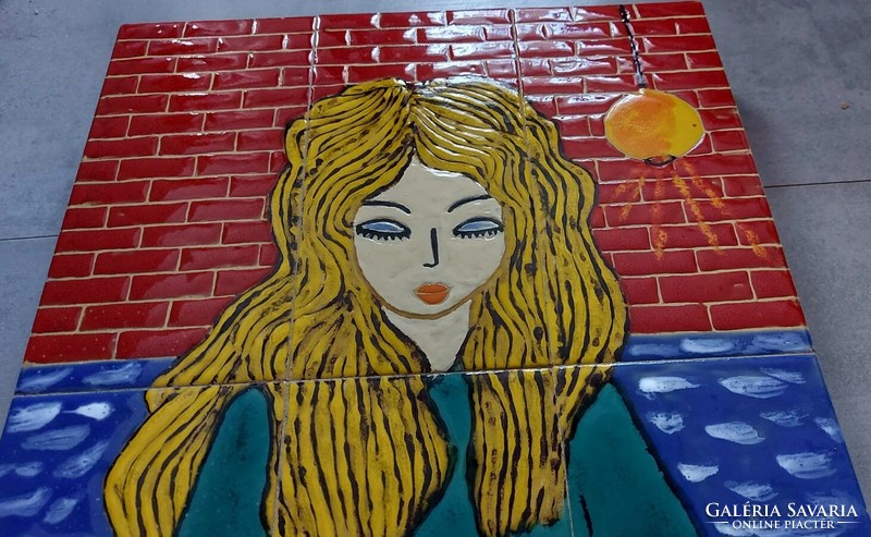 Retro vintage blonde girl tile picture, wall ceramic, ceramic wall picture