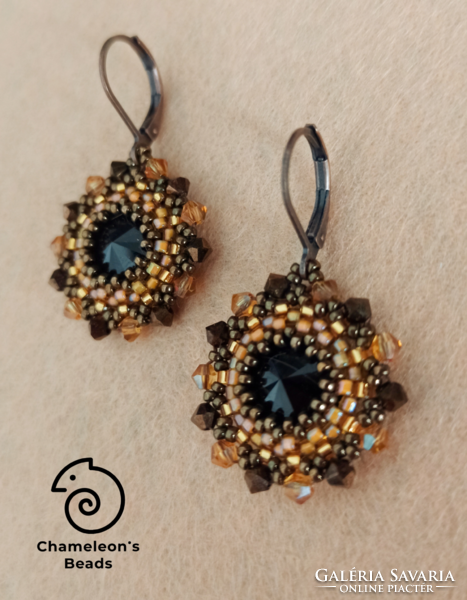 "Fallen Sunflower Beading Earrings" Swarovski kristályos barna színvilágú gyöngyfűzött fülbevaló