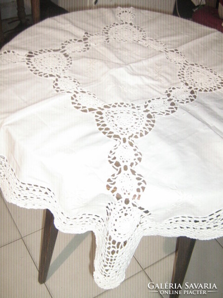 Beautiful hand crocheted embroidered white tablecloth
