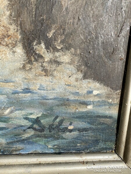 Old oil cardboard rocky beach painting