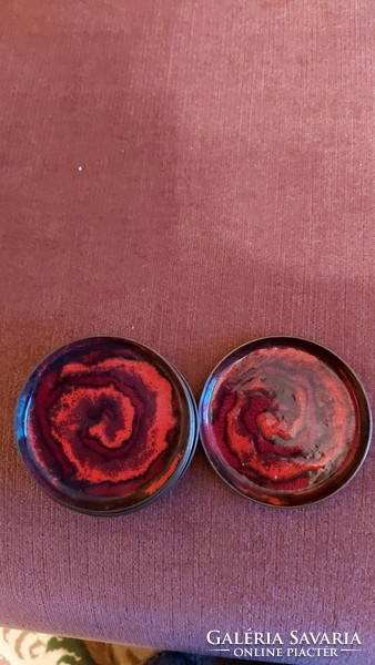 Fire enamel copper bowls, coasters, marked industrial art, rare pieces, unique pattern