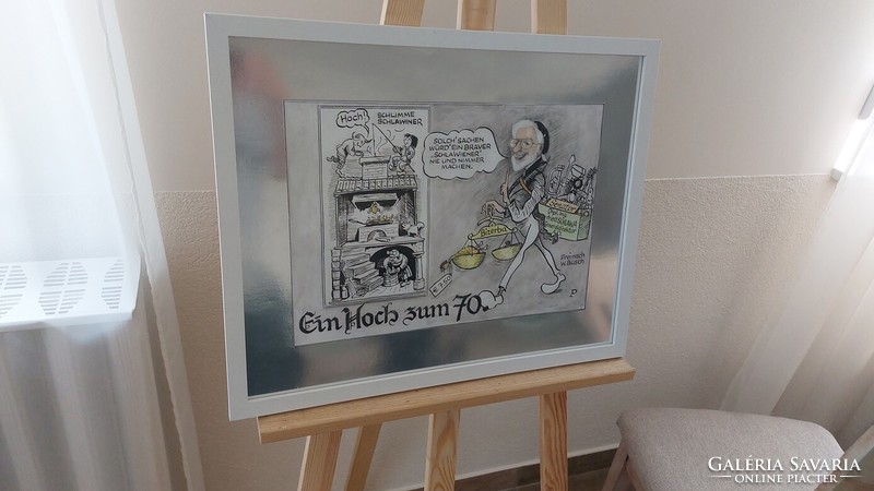 (K) humorous graphic, painting with frame 53x43 cm 70th birthday, mixed media