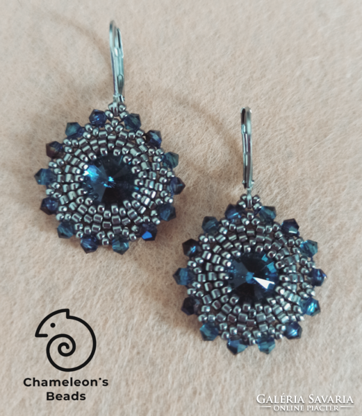 "Denim Blue and Steel Mandala Beading Earrings" Swarovski kristályos kék-acél gyöngyfűzött fülbevaló