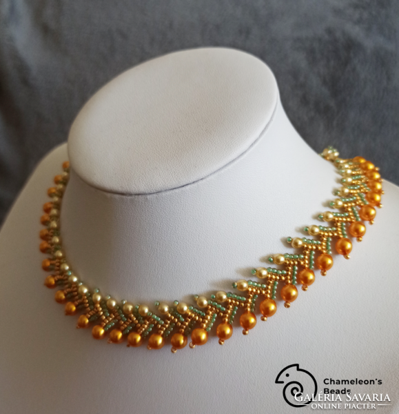 "Golden Orange Elegance Beading Necklace" aranyló narancs gyöngyfűzött nyakék