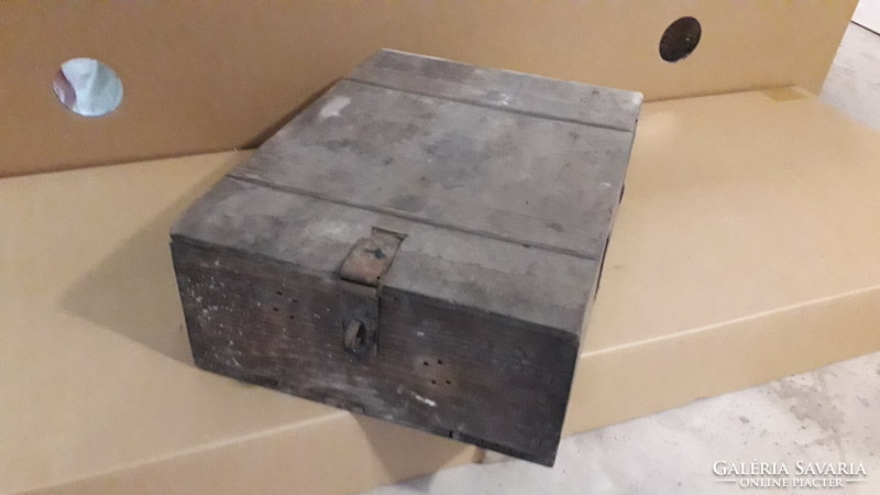 Antique wrought iron travel chest with opening lid wooden chest 47 x 16 x 35 cm according to the pictures