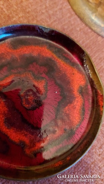 Fire enamel copper bowls, coasters, marked industrial art, rare pieces, unique pattern