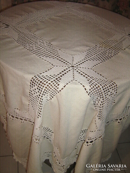 Beautiful antique hand-crocheted lace insert and crocheted edge butter yellow large tablecloth