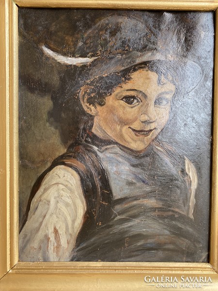 Régi olaj-karton festmény:kalapos kisfiúa foton lathato regi,hasznalt de szep megkimelt allapotban