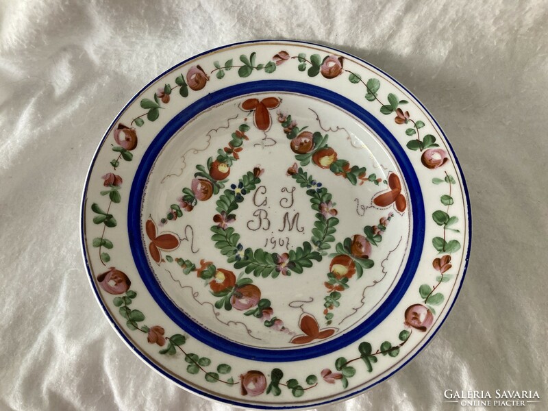 Antik kézzel festett porcelán esküvői tányér, falitányér / Lakodalmas 1907