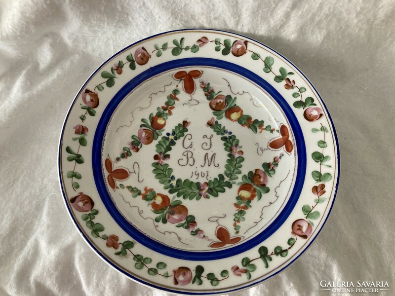 Antique hand-painted porcelain wedding plate, wall plate / wedding 1907