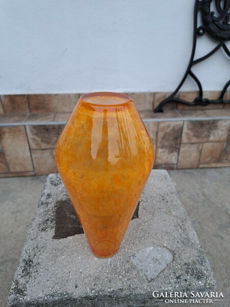 Retro narancssárga sárga váza repesztett Gyönyörű  Fátyolüveg fátyol karcagi berekfürdői üveg