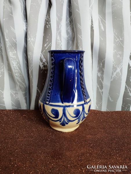 Blue folk motif ceramic jug/vase with handles