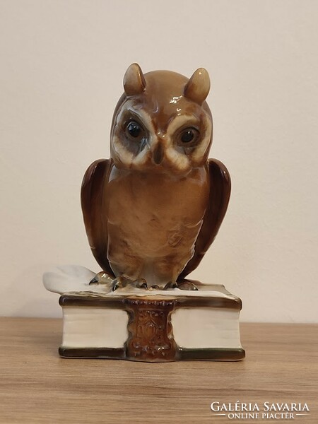Owl sitting on Zsolnay's book