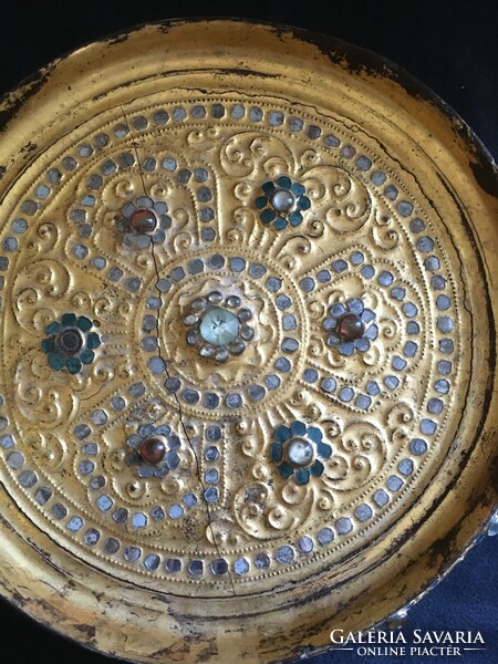 Rare!! Special festive wooden bowl decorated with plates and stones!!! 27X8 cm!!