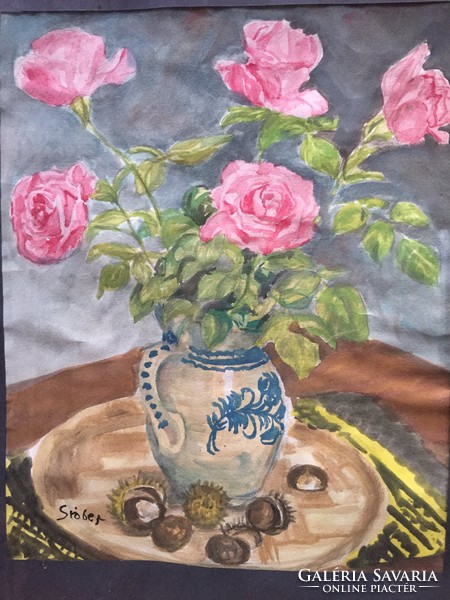 Marked by Margit Gräber: watercolor titled still life, with a note on the back