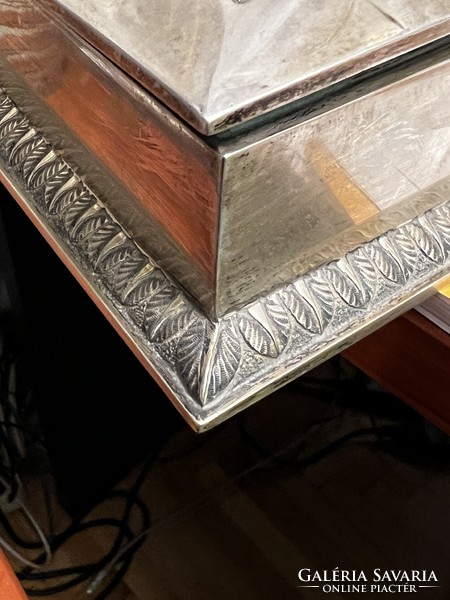 Large silver box with wooden inlays