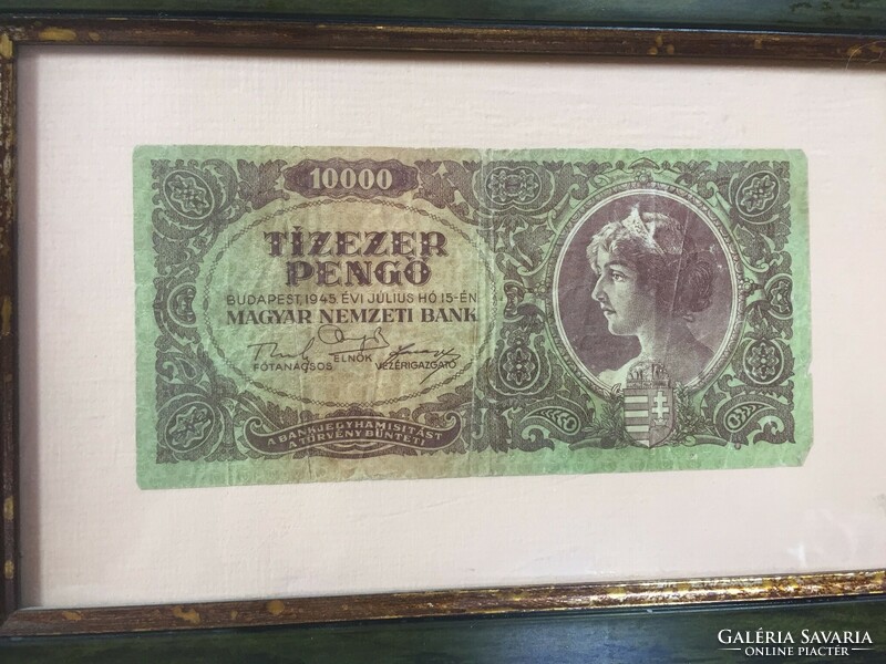 1945 July ten thousand pengő banknote, in a glazed frame - a26