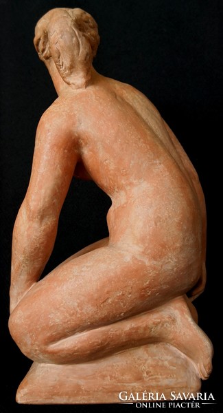 Dt/339. László Deák - kneeling nude, glazed terracotta sculpture
