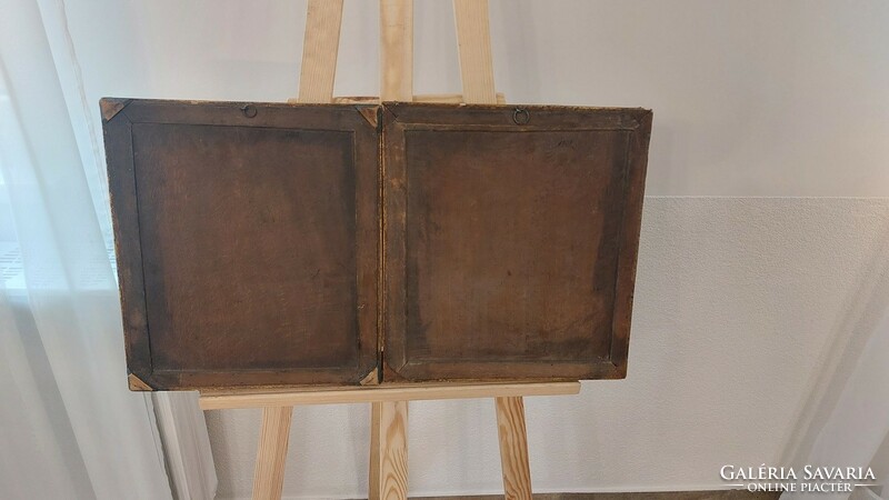 (K) 2 db jelzett intarzia falikép 31x37 cm kerettel