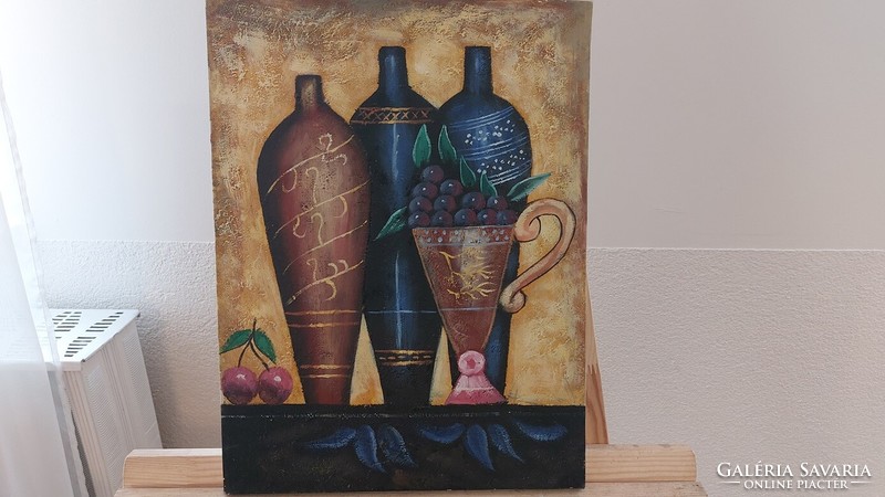 (K) Dekoratív modern csendélet festmény vázákkal, gyümölcsökkel 30x40 cm