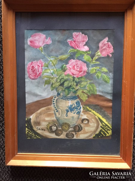 Marked by Margit Gräber: watercolor titled still life, with a note on the back