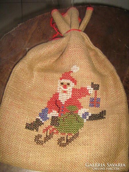 Beautiful antique woven hand-embroidered cross-stitch red-lined Santa bag