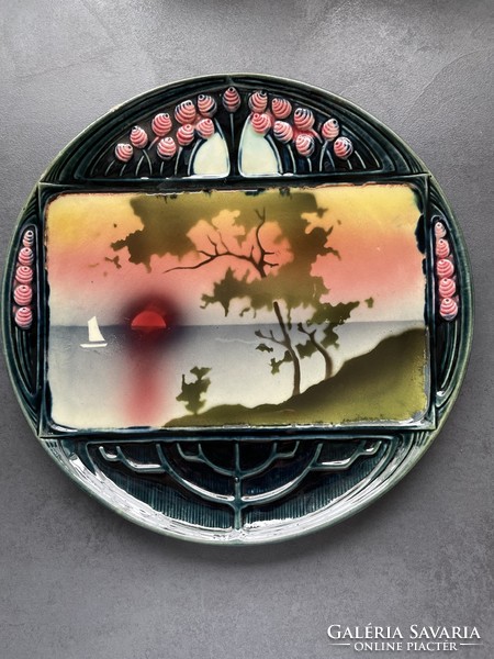 Art Nouveau, Körmöcbánya, marked majolica large-sized offering, wall plate, decorative bowl - 27 cm